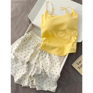 Bộ đồ ngủ nữ JOIE TRENDY áo 2 dây kèm đệm ngực, Set mặc nhà có sẵn mút ngực tiện lợi quần đùi sọc dọc tôn dáng