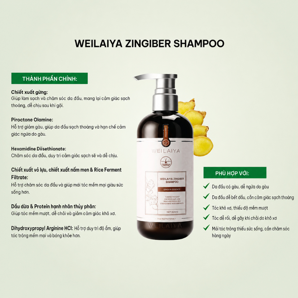 Dầu gội đầu thảo dược Weilaiya gừng hỗ trợ tóc khoẻ đẹp cho da thường da khô 420ml
