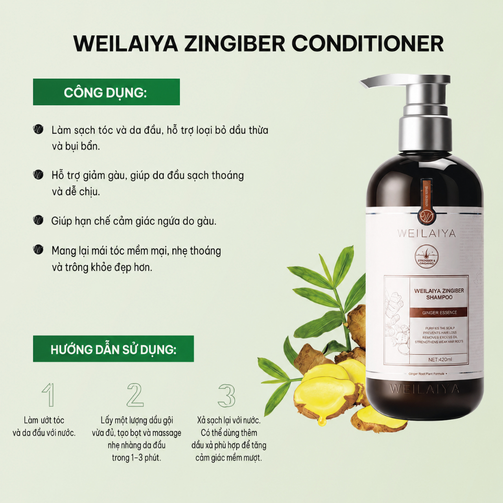 Dầu gội đầu thảo dược Weilaiya gừng hỗ trợ tóc khoẻ đẹp cho da thường da khô 420ml
