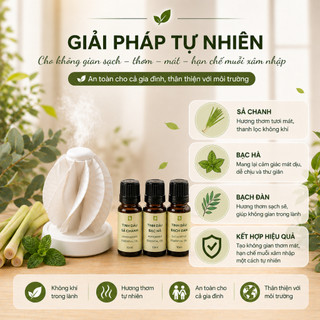 Combo thiết bị khuếch tán tinh dầu không cần điện và set 03 tinh dầu đuổi muỗi tự nhiên