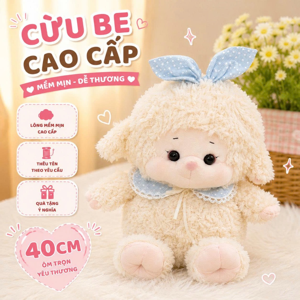 Thú Nhồi Bông Cừu Be 40cm Cao Cấp – Gấu Bông Dễ Thương, Mềm Mịn, Trang Trí & Ôm Ngủ