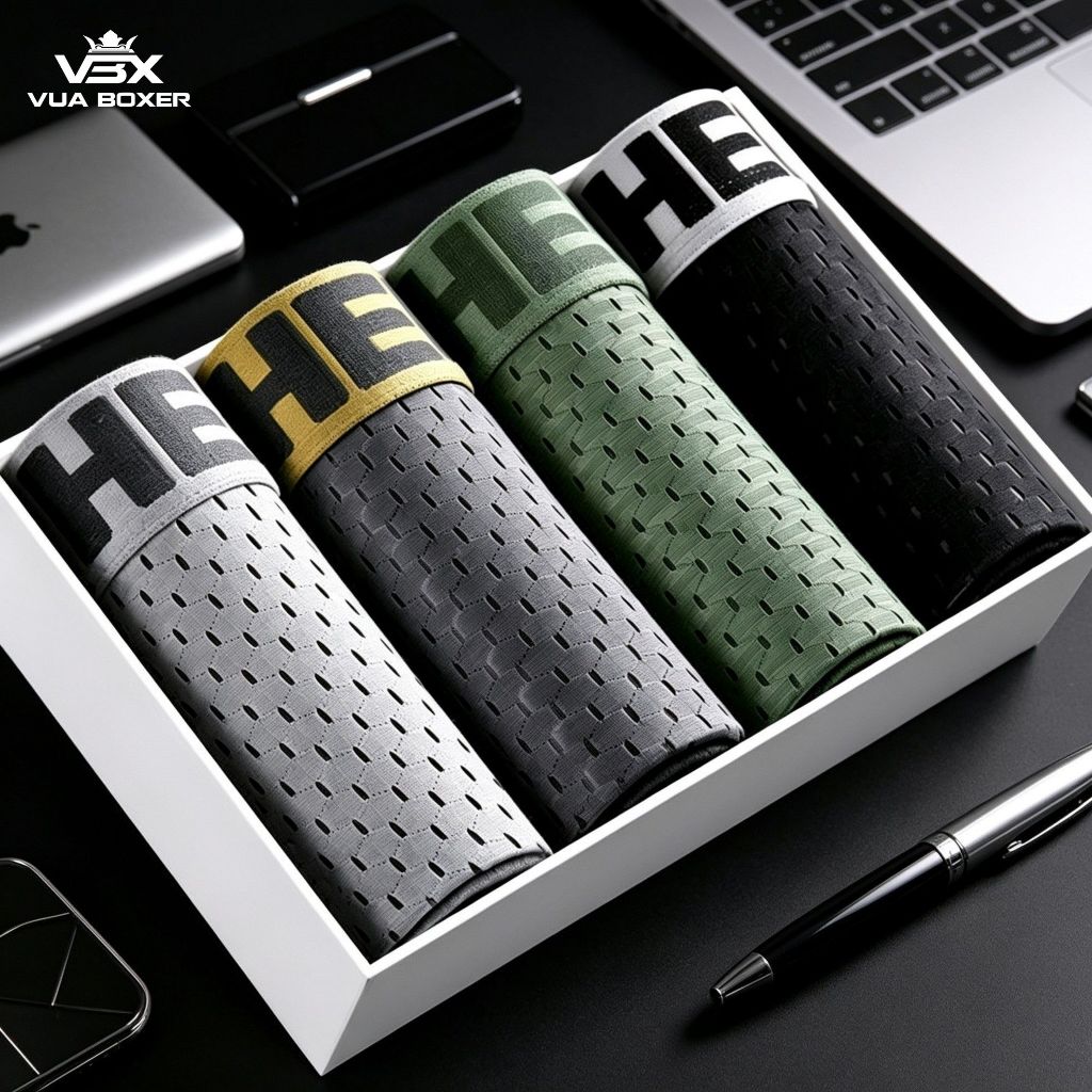 Sét 4 quần lót nam boxer sịp đùi vải thun lạnh thông hơi quần xì nam thoáng khí lót kháng khuẩn HELLO - VUABOXER