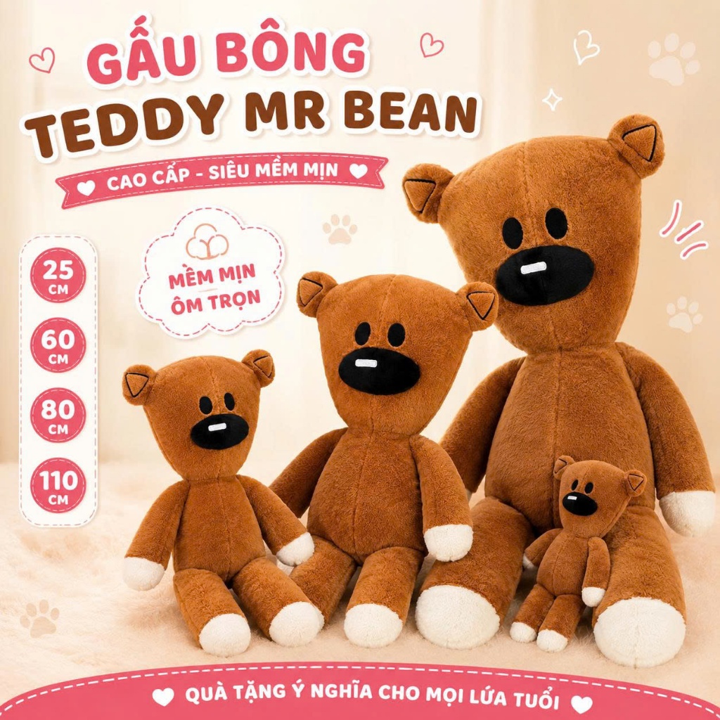 Gấu Bông Teddy Mr Bean Cao Cấp 25cm/60cm/80cm/110cm – Gấu Nâu Dễ Thương Mềm Mịn Ôm Ngủ Siêu Êm