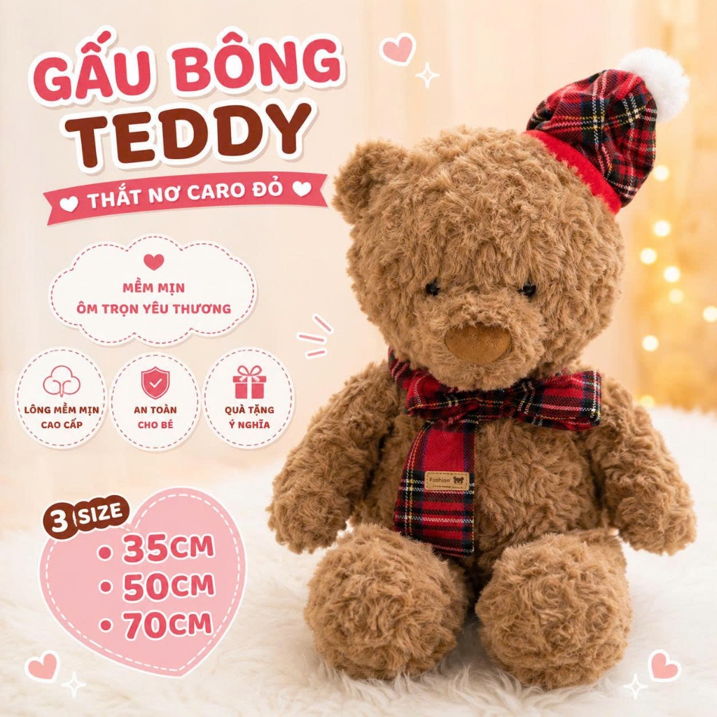 Gấu bông Teddy thắt nơ caro đỏ – Thú nhồi bông cao cấp dễ thương, quà tặng ý nghĩa