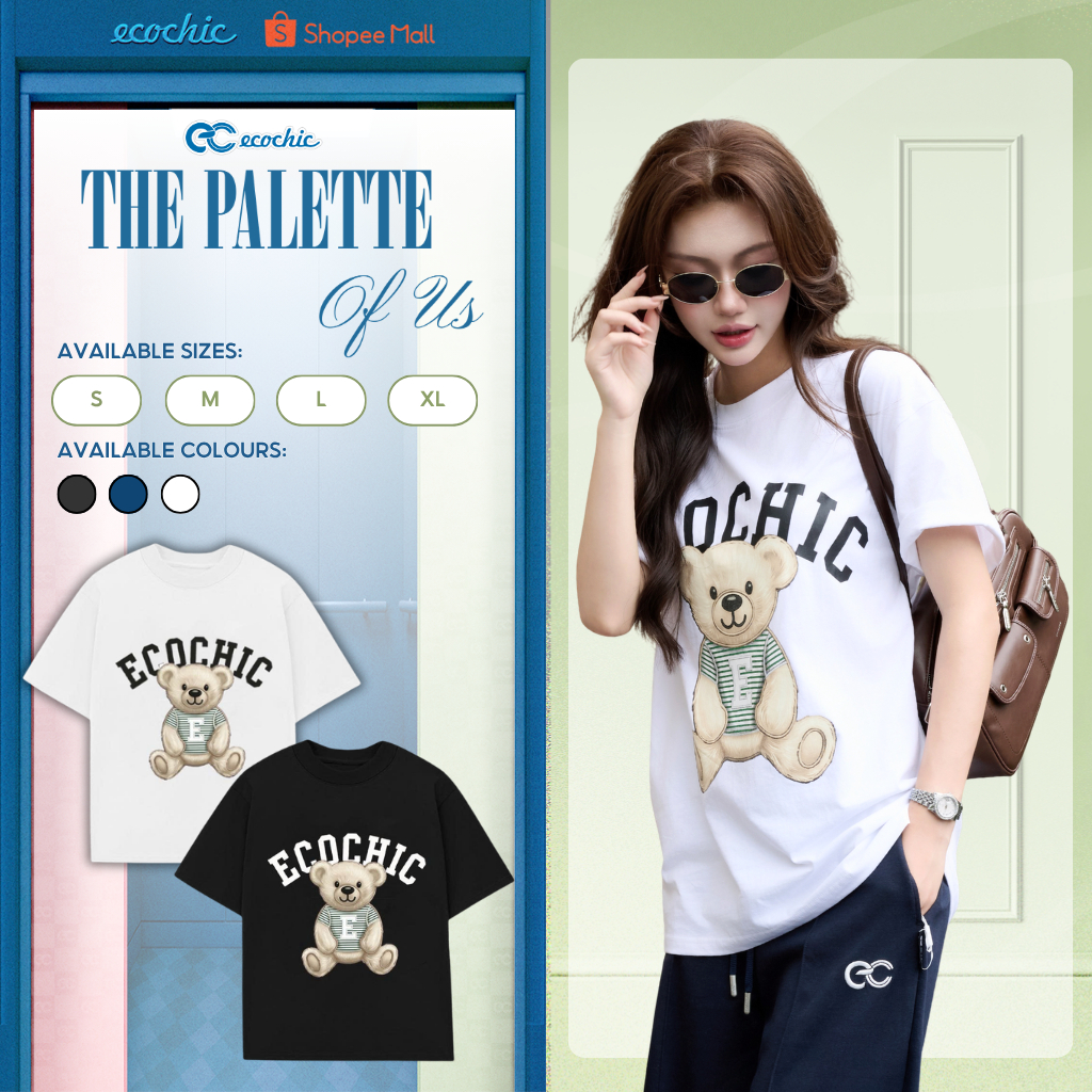 Áo Thun Oversize ECOCHIC In Lụa Hình Gấu Trắng Dễ Thương Cổ Tròn Chất Liệu Cotton Cao Cấp Chính Hãng B244