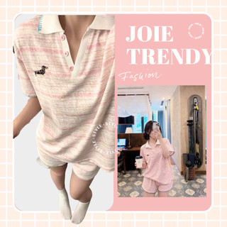 Bộ Đồ Nữ Ngắn Tay Cổ Polo Kẻ Ngang Joie Trendy - Bộ Mặc Nhà Kiểu Dáng Thể Thao Năng Động Tay Thêu Hình Dễ Thương