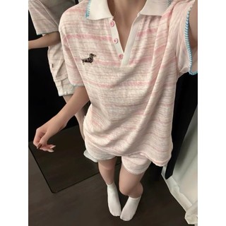 Bộ Đồ Nữ Ngắn Tay Cổ Polo Kẻ Ngang Joie Trendy - Bộ Mặc Nhà Kiểu Dáng Thể Thao Năng Động Tay Thêu Hình Dễ Thương