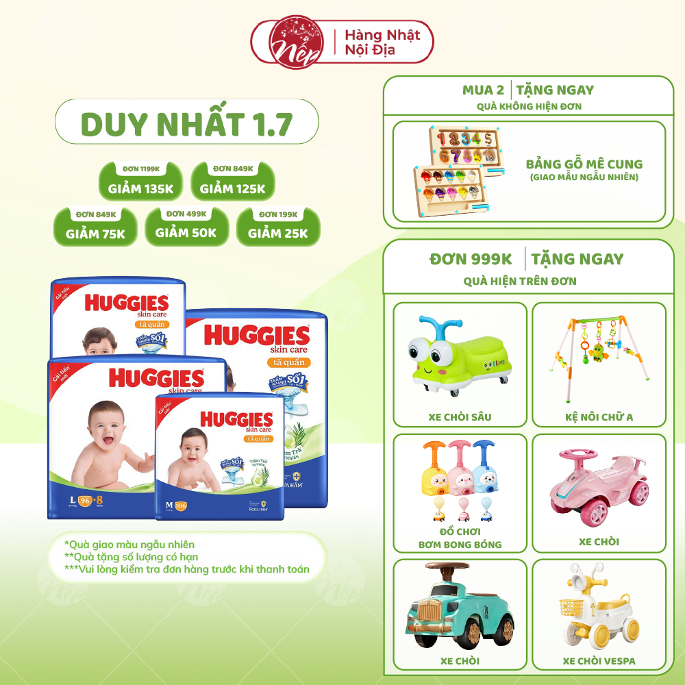 [SIÊU NHIỀU MIẾNG] Tã bỉm quần Huggies Skincare Jumbo M106/L104/XL88/XXL80 - nepshop1