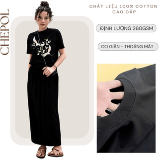 Bộ Áo Thun Nữ CHEPOL Form Rộng, Phối Chân Váy Dài, In Đôi Uyên Ương, Chất Cotton ( Áo Phông Đen+Chân Váy Suông)CP_x8817