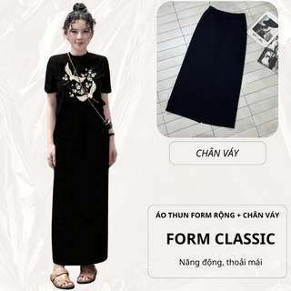 Bộ Áo Thun Nữ CHEPOL Form Rộng, Phối Chân Váy Dài, In Đôi Uyên Ương, Chất Cotton ( Áo Phông Đen+Chân Váy Suông)CP_x8817