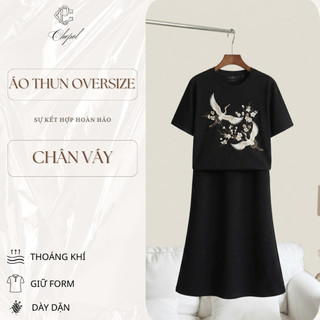 Bộ Áo Thun Nữ CHEPOL Form Rộng, Phối Chân Váy Dài, In Đôi Uyên Ương, Chất Cotton ( Áo Phông Đen+Chân Váy Suông)CP_x8817