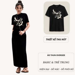 Bộ Áo Thun Nữ CHEPOL Form Rộng, Phối Chân Váy Dài, In Đôi Uyên Ương, Chất Cotton ( Áo Phông Đen+Chân Váy Suông)CP_x8817