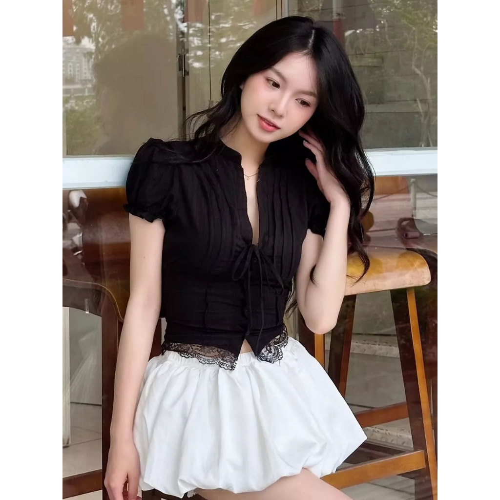 Áo Kiểu Nữ Dáng Croptop Chi Tiết Cổ Tàu Tay Bồng Cột Dây Nơ, Áo Kiểu Nữ Siêu Hot Hit Phù Hợp Đi Chơi Đi Du Lịch - KA832