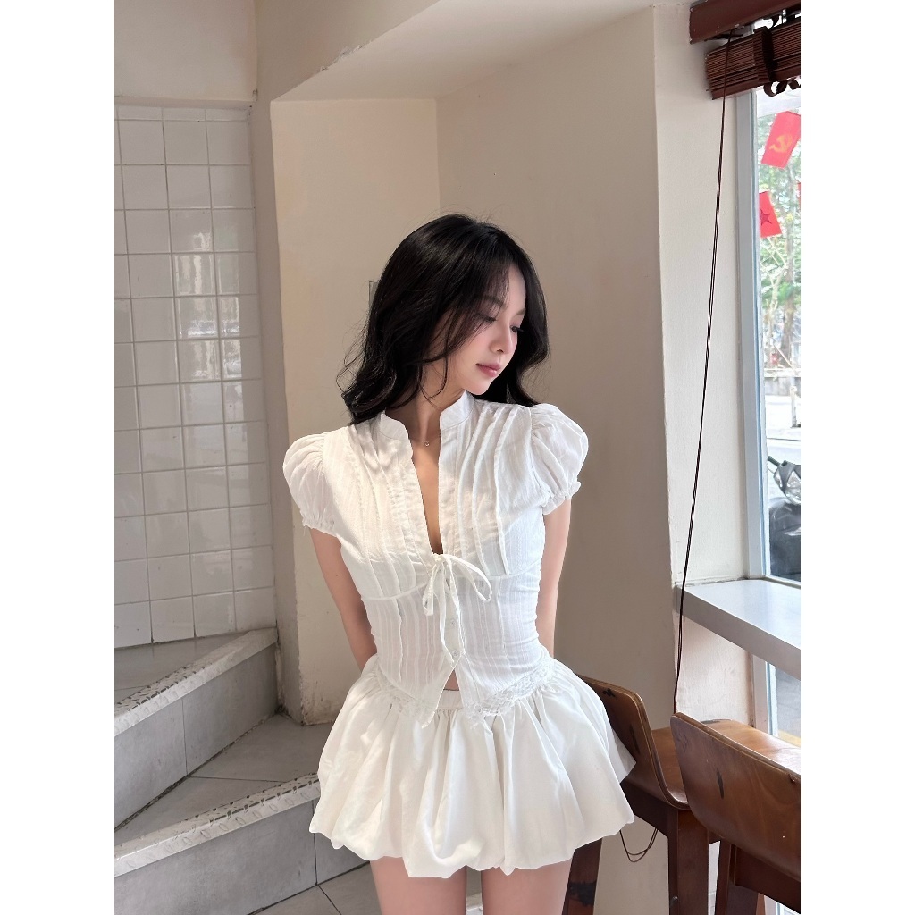 Áo Kiểu Nữ Dáng Croptop Chi Tiết Cổ Tàu Tay Bồng Cột Dây Nơ, Áo Kiểu Nữ Siêu Hot Hit Phù Hợp Đi Chơi Đi Du Lịch - KA832