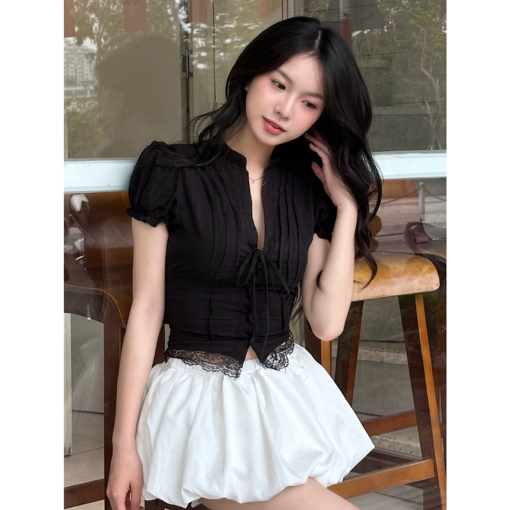 Áo Kiểu Nữ Dáng Croptop Chi Tiết Cổ Tàu Tay Bồng Cột Dây Nơ, Áo Kiểu Nữ Siêu Hot Hit Phù Hợp Đi Chơi Đi Du Lịch - KA832