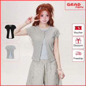 Áo thun nữ kiểu GRADPOPU thiết kế giả 2 mảnh mới lạ form ôm cổ tròn tay ngắn phong cách Hàn AN472