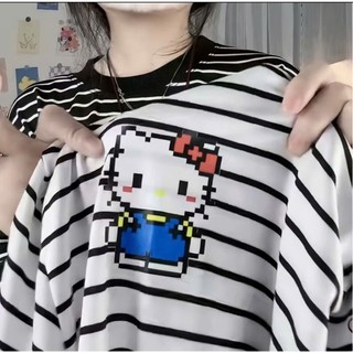 Áo Thun Kẻ Sọc In Hello Kitty Tay Ngắn Unisex Form Rộng Nam Nữ Basic | Ngọc Bích Store 36