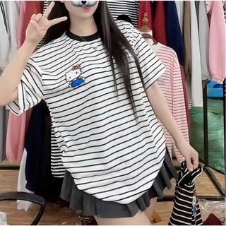 Áo Thun Kẻ Sọc In Hello Kitty Tay Ngắn Unisex Form Rộng Nam Nữ Basic | Ngọc Bích Store 36