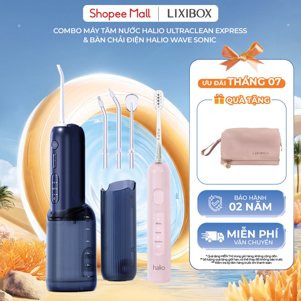 Combo Bàn Chải Điện Tích Hợp Công Nghệ Chuyển Động Kép Halio Wave Sonic & Tăm Nước Halio UltraClean Express Hydro Floss