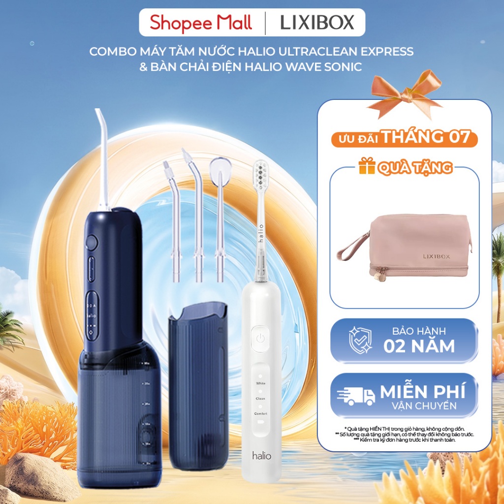 Combo Bàn Chải Điện Tích Hợp Công Nghệ Chuyển Động Kép Halio Wave Sonic & Tăm Nước Halio UltraClean Express Hydro Floss