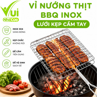 Vỉ Nướng Thịt Inox Lưới Kẹp 2 Tấm Inox Không Gỉ GD209 - Vỉ Inox Lưới Kẹp Nướng BBQ Thịt Cá Cầm Tay