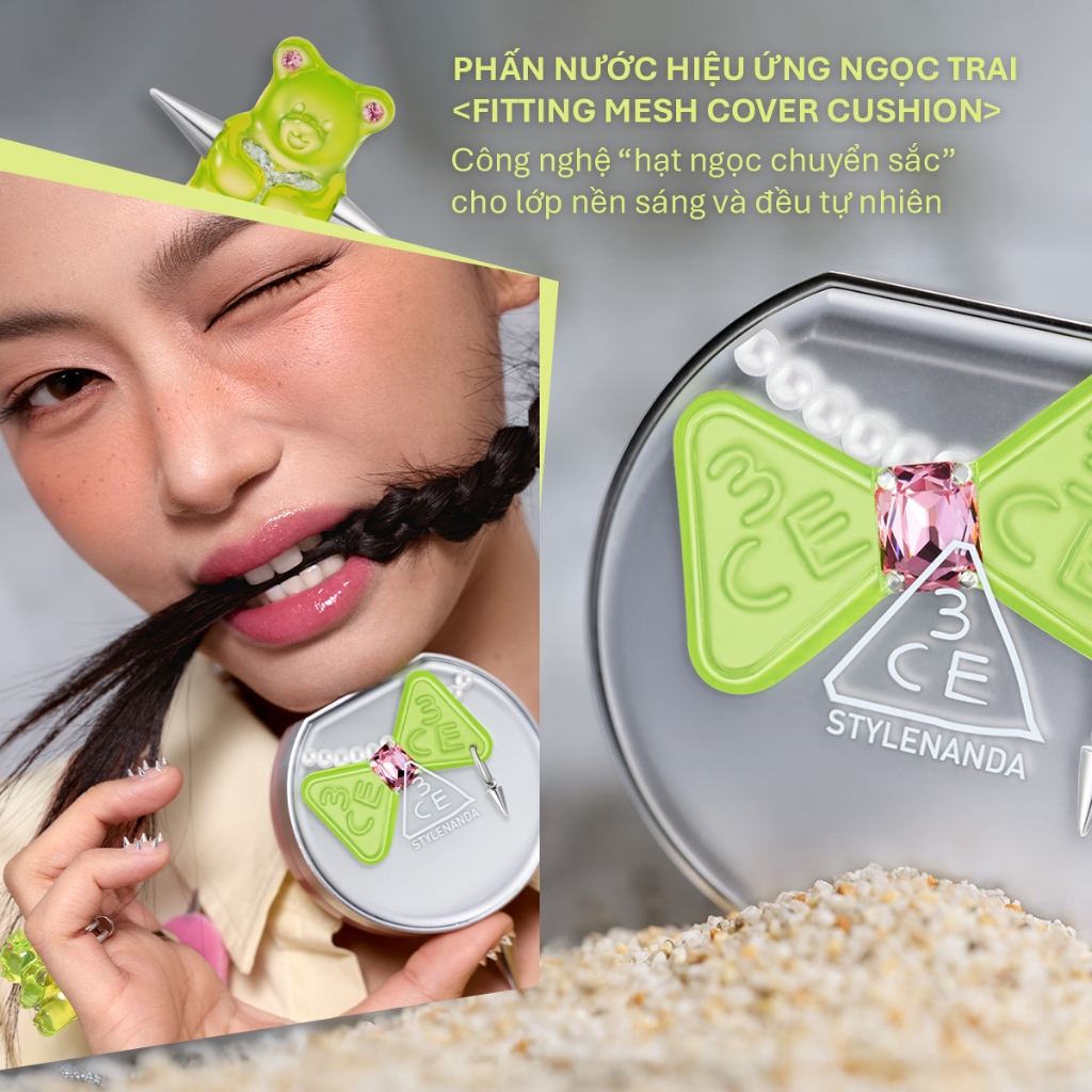 3CE BST MIKSHIMAI - PHẤN NƯỚC FITTING MESH CUSHION, SON BÓNG GLAZY LIP GLOW, MÁ HỒNG FACE BLUSH