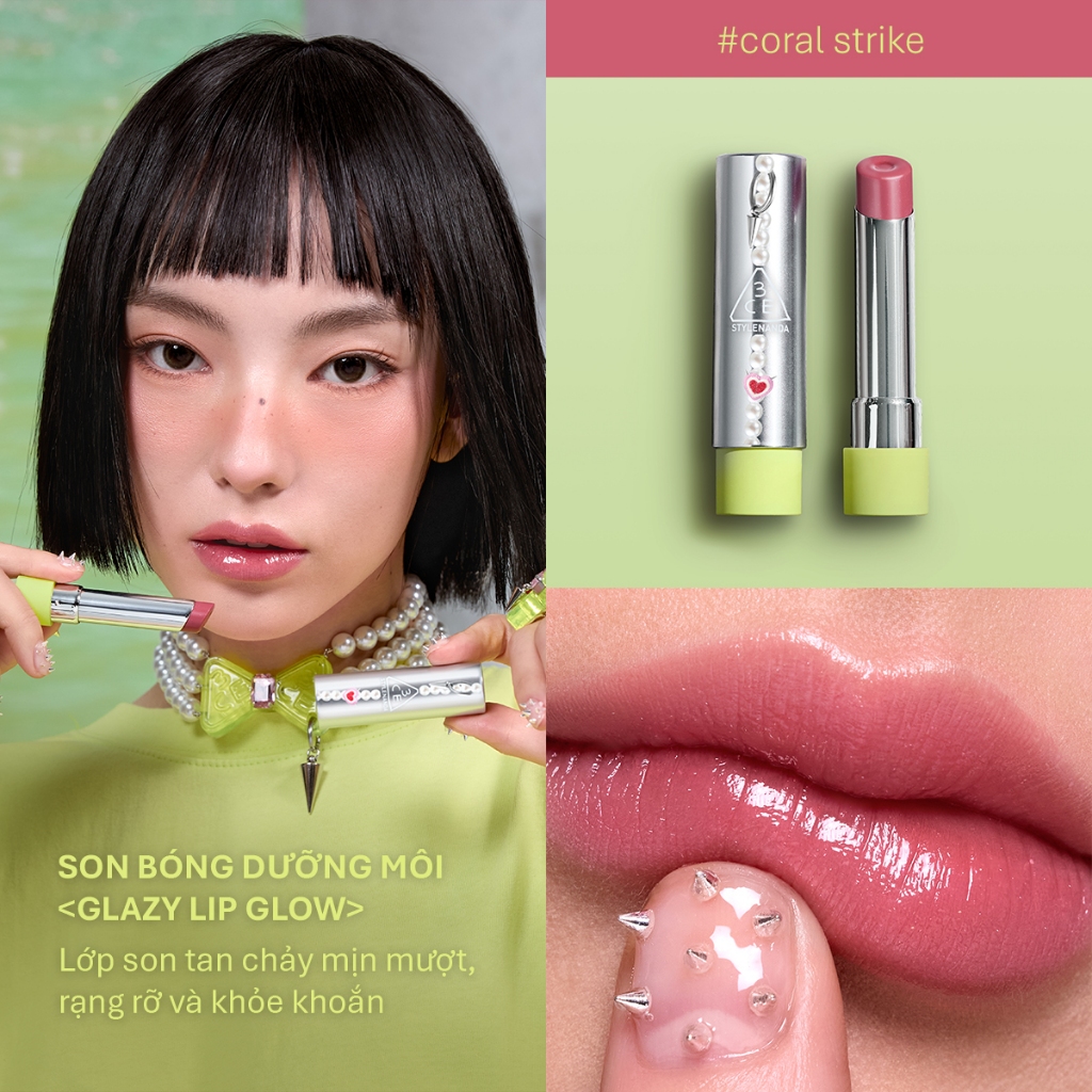 3CE BST MIKSHIMAI - PHẤN NƯỚC FITTING MESH CUSHION, SON BÓNG GLAZY LIP GLOW, MÁ HỒNG FACE BLUSH