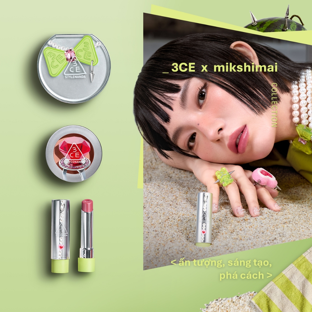3CE BST MIKSHIMAI - PHẤN NƯỚC FITTING MESH CUSHION, SON BÓNG GLAZY LIP GLOW, MÁ HỒNG FACE BLUSH