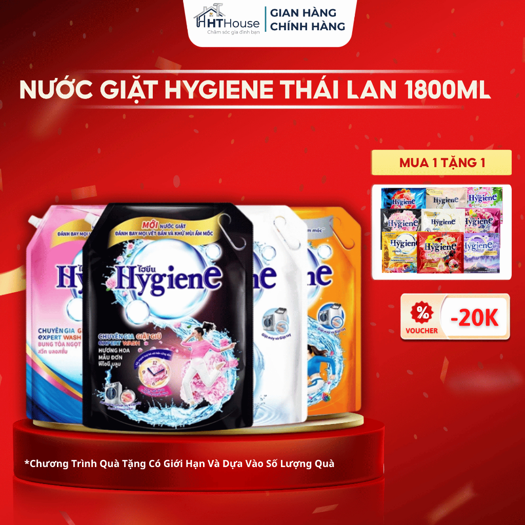 Nước giặt Hygiene Thái Lan lưu hương lâu kết hợp xả vải an toàn cho da túi 1800ml