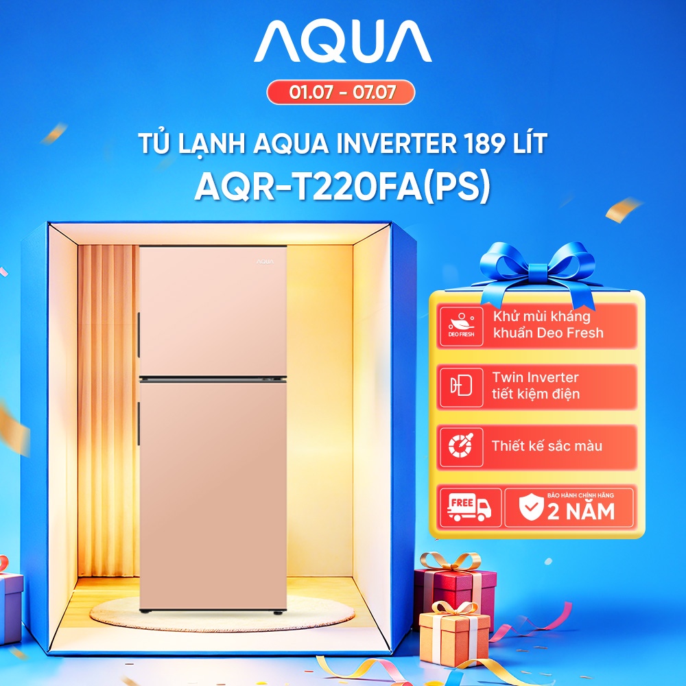 LIVE - Tủ Lạnh Aqua 2 cánh Inverter 189 lít Màu Hồng AQR-T220FA(PS) - Bảo hành tận nhà - Freeship
