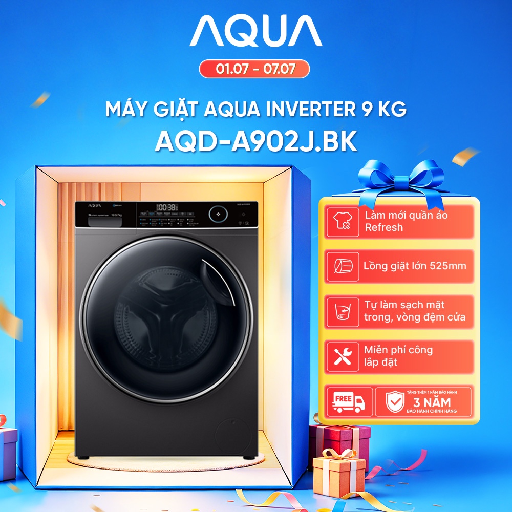 [Live AQUA] Máy giặt cửa trước 9kg AQUA AQD-A902J.BK - Bảo hành 2 năm - Freeship toàn quốc