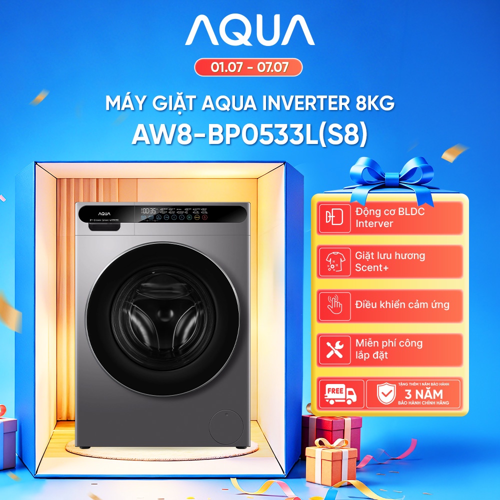 Máy giặt cửa trước AQUA Inverter 8kg AW8-BP0533L(S8) - Bảo hành 2 năm - Freeship toàn quốc