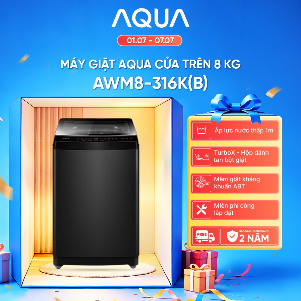 Máy giặt Aqua 8 kg AWM8-316K(B) - Freeship toàn quốc - Bảo hành 2 năm