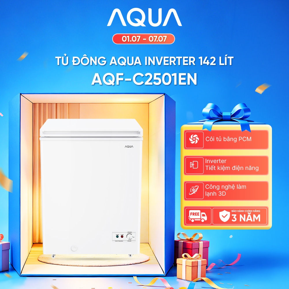 [Võ Hà Linh x AQUA] Tủ đông Inverter AQUA 142 lít AQF-C2501EN - Làm lạnh 3D - Dàn lạnh 5 chiều - 1 ngăn đông - Freeship