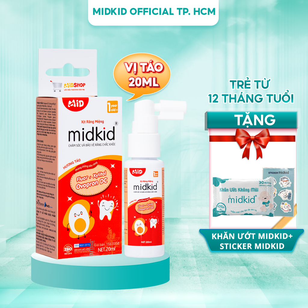 Xịt chống sâu răng MIDKID an toàn cho trẻ từ 1 tuổi, vị Táo 20ml, giúp bảo vệ men răng, làm sạch mảng bám đen, ố vàng