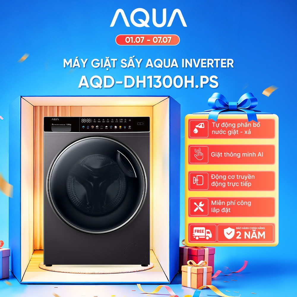 Máy giặt sấy cửa trước Aqua Inverter giặt 13KG - sấy 8KG AQD-DH1300H.PS - Miễn phí giao hàng toàn quốc - Hỗ trợ lắp đặt