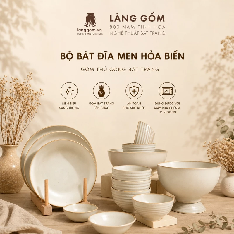 Bộ bát đĩa, set bàn ăn gốm sứ Bát Tràng cao cấp - Hàng nghệ nhân thủ công cho gia đình nhiều người ăn - Làng Gốm — ảnh 1