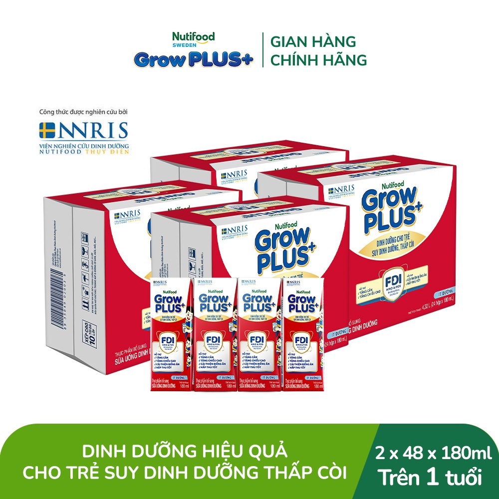 Combo 2 Thùng SBPS Nutifood GrowPLUS+ ít đường Suy Dinh Dưỡng - Tăng Cân, Tăng Chiều Cao (48 Hộp x 180ml)