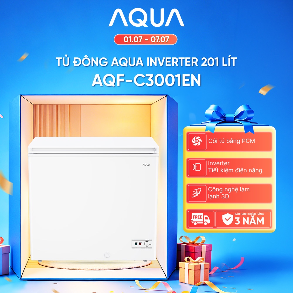 [SẢN PHẨM MỚI 2025] Tủ đông Inverter AQUA 201 lít AQF-C3001EN - Làm lạnh 3D - Dàn lạnh 5 chiều - 1 ngăn đông - Freeship