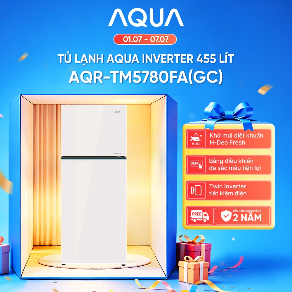 [Võ Hà Linh x AQUA] Tủ lạnh AQUA Inverter 455 Lít AQR-TM5780FA(GC) - Mặt gương trắng kem - Bảo hành 2 năm - Freeship