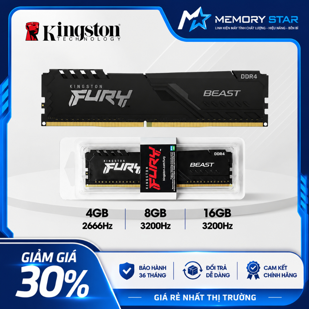 [Chính Hãng] - RAM PC 8GB/16GB DDR4 bus 2400/2666/3200Hz Kingston Fury Beast - Hàng mới chính hãng - BH 36 tháng | BigBuy360 - bigbuy360.vn