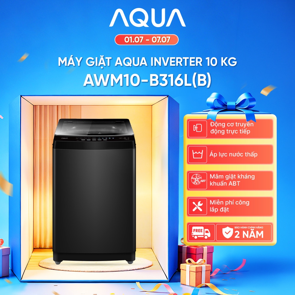 Máy Giặt lồng đứng AQUA Inverter 10kg AWM10-B316L(B) - Freeship toàn quốc - Bảo hành 2 năm
