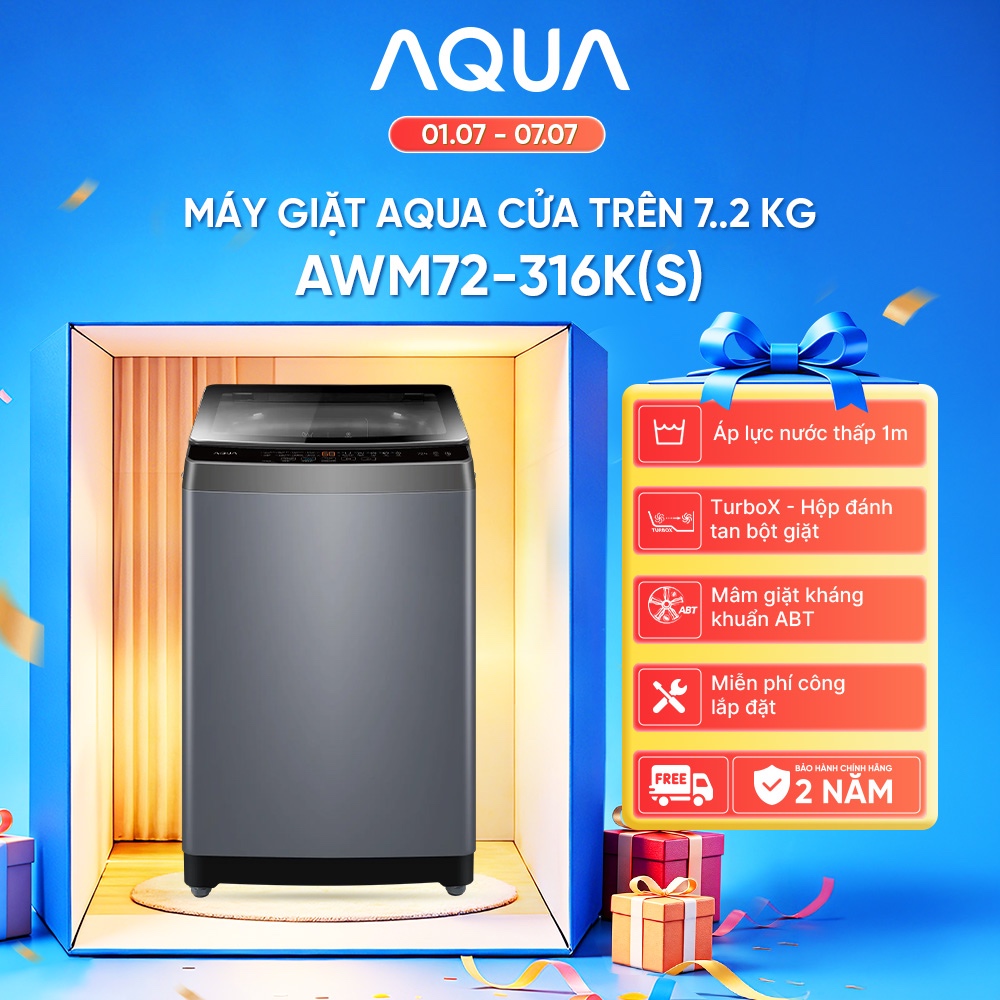 Máy giặt Aqua 7.2 kg AWM72-316K(S) - Bảo hành 2 năm - Hỗ trợ lắp đặt