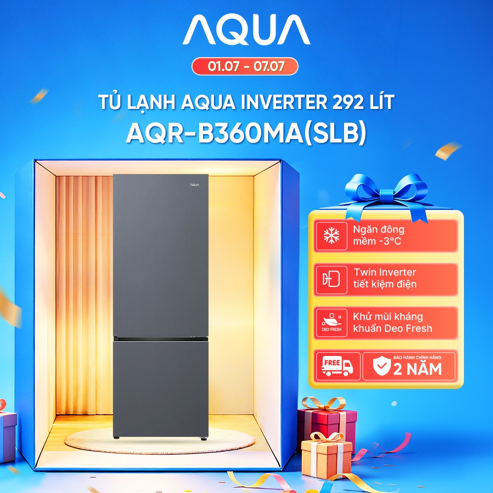 Freeship toàn quốc - Tủ lạnh ngăn đông dưới Aqua 292L AQR-B360MA(SLB) - Bảo hành chính hãng trong 2 năm