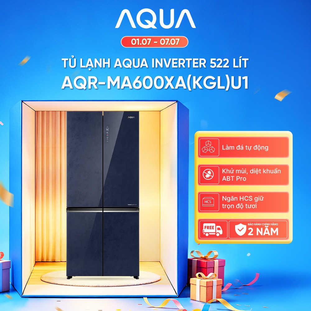 Tủ lạnh 4 cánh Aqua Inverter 522L AQR-MA600XA(KGL)U1 - Bảo hành 2 năm - Freeship toàn quốc