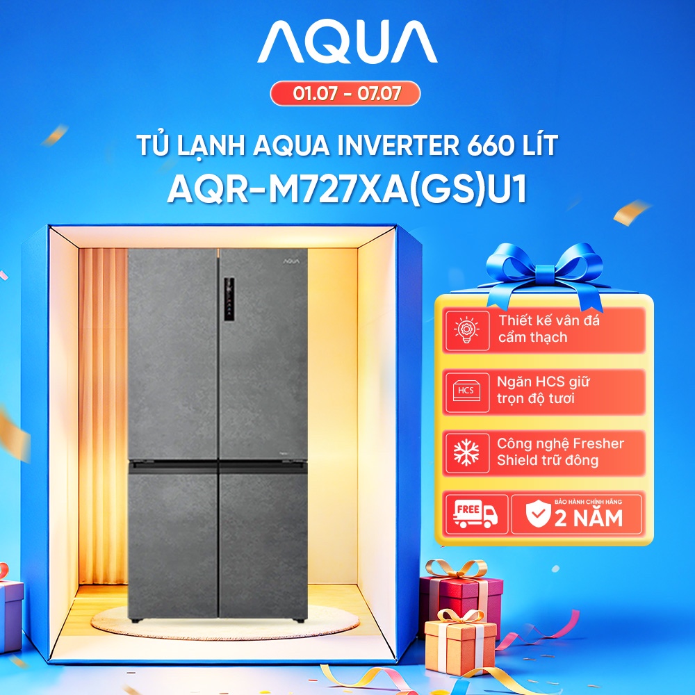 Tủ lạnh Aqua Inverter 660 lít Multi Door AQR-M727XA(GS)U1 - Bảo hành 2 năm - Freeship toàn quốc