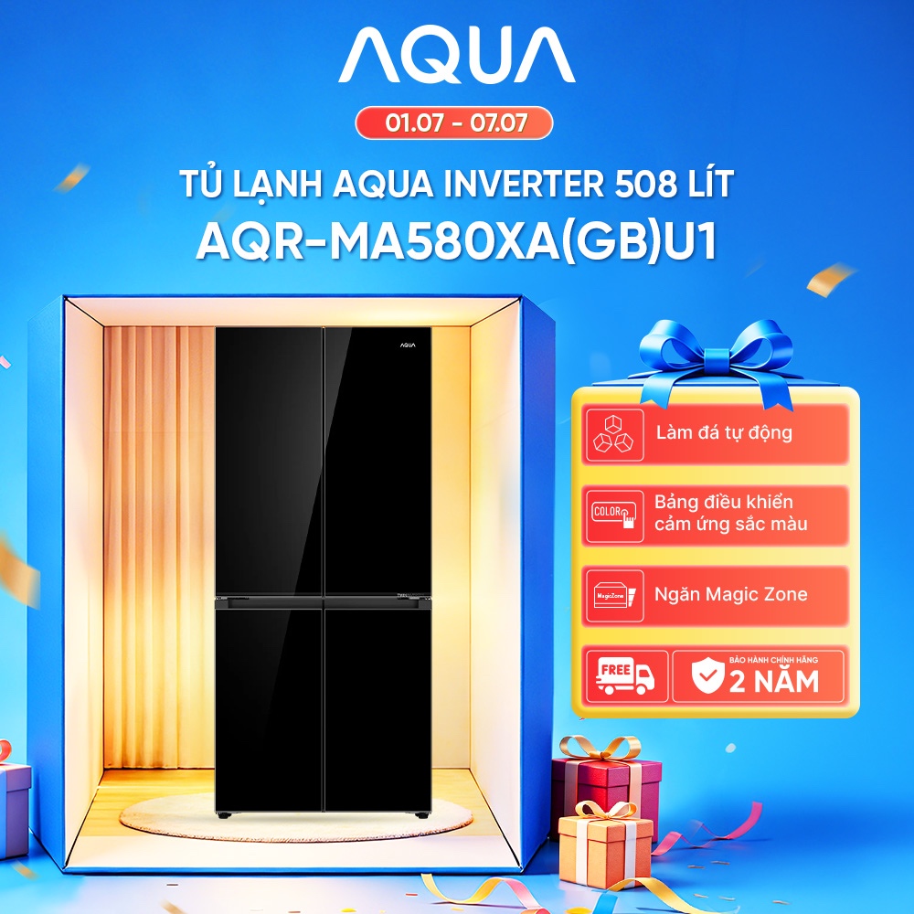 Tủ lạnh 4 cánh Inverter Aqua 508L AQR-MA580XA(GB)U1 - Bảo hành 2 năm - Freeship toàn quốc