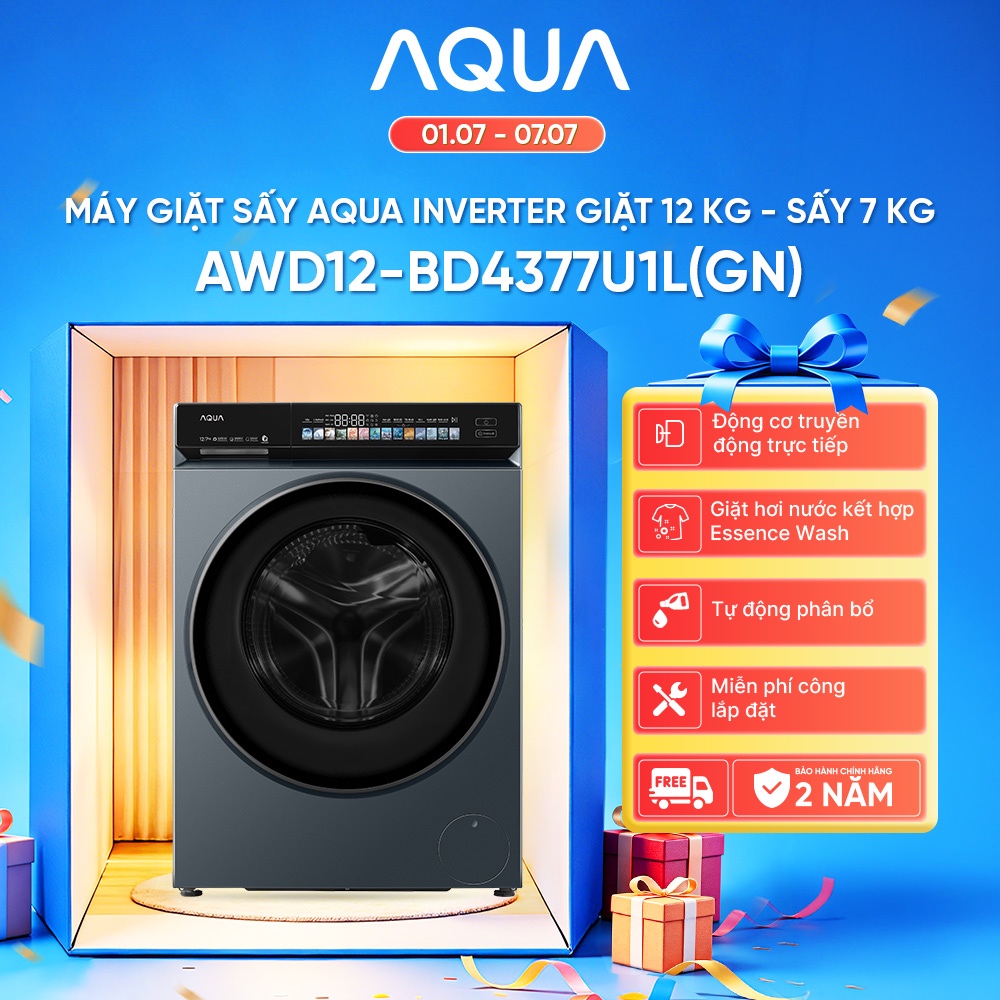 Máy giặt sấy lồng ngang AQUA Inverter giặt 12kg - sấy 7kg AWD12-BD4377U1L(GN) - Bảo hành 2 năm - Freeship toàn quốc