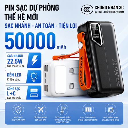 Sạc dự phòng 50.000 PD 22.5W tích hợp 3 cổng sạc, Pin dự phòng có đèn và cáp sạc đa năng PKMALL