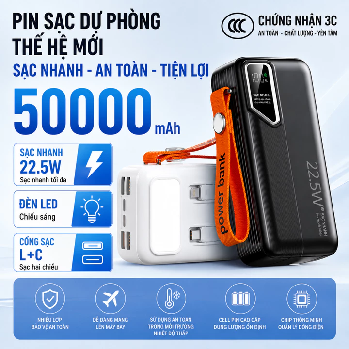 Sạc dự phòng 50.000 PD 22.5W tích hợp 3 cổng sạc, Pin dự phòng có đèn và cáp sạc đa năng PKMALL